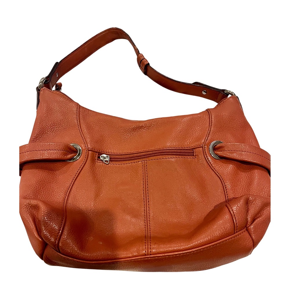 Tignanello Orange Pebbled Leather Hobo Shoulder Bag Purse Top Zip Silver Accents